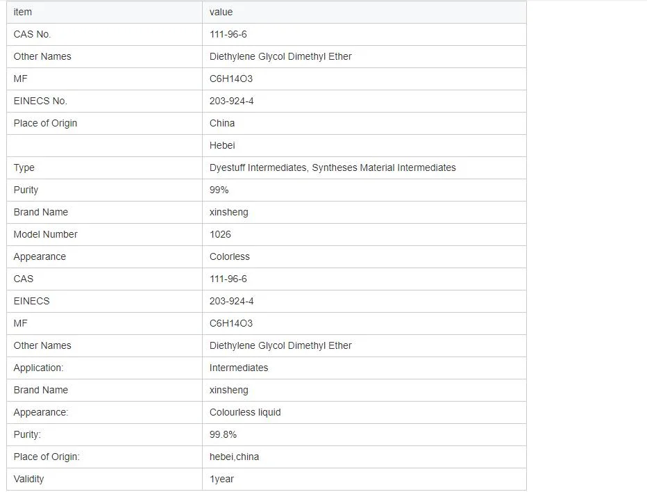 CAS 111-96-6 Diethylene Glycol Colorless Dimethyl Ether